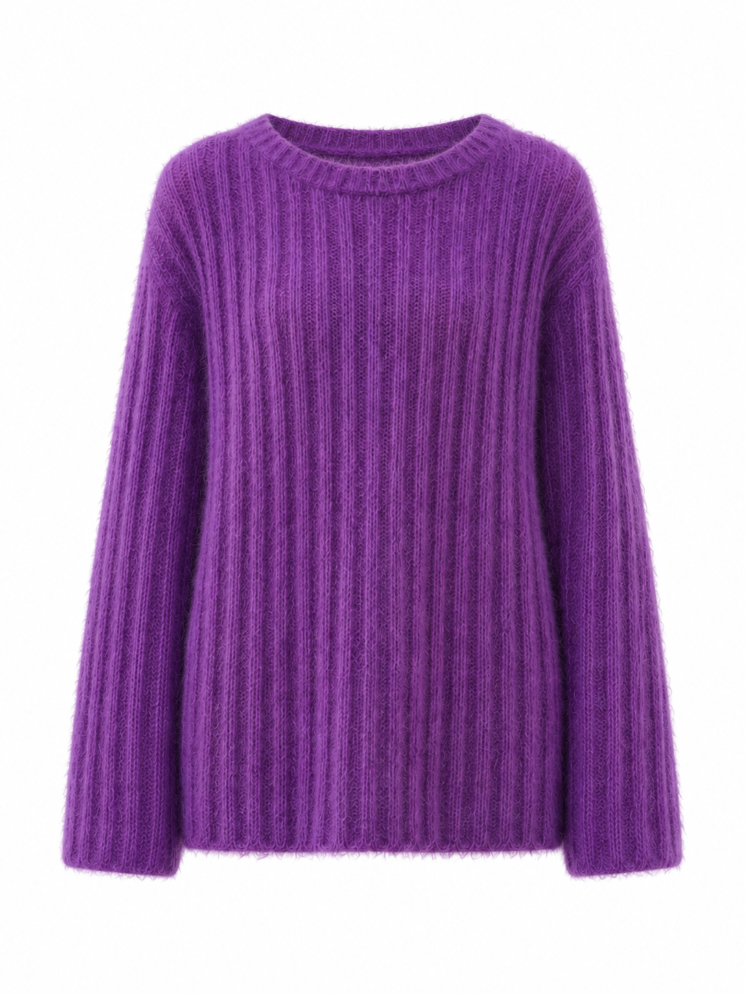 Women Sweater Purple Ribbed Knit Pullover Ladies Crew Neck Fluffy Oversized Jumper Autumn Winter Knitwear