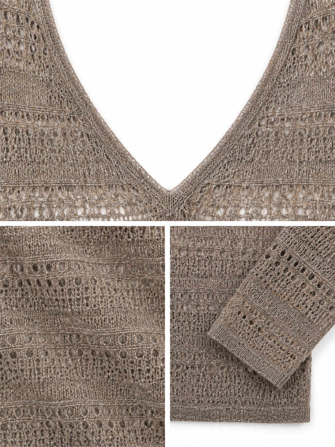 Womens Pointelle Knit Sweater V Neck Loose Pullover Taupe Lightweight Openwork Ladies Jumper Spring Autumn Knitwear