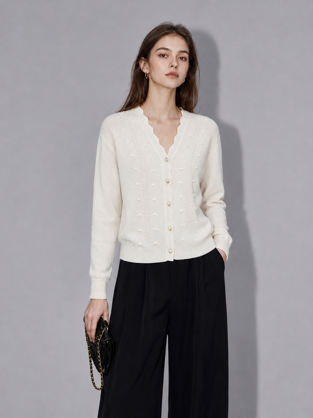 Knitted cardigan with wave-edge design, long-sleeved cream-colored sweater coat, factory direct price, women's top, fashionable and versatile