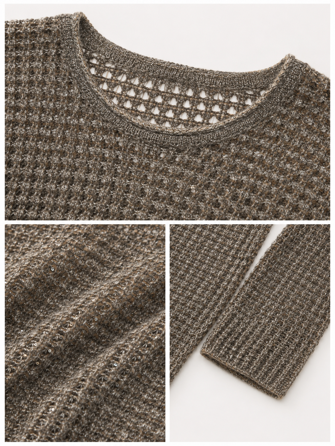 Luxury Wool Open Knit Sweater – Lightweight Grey Mesh Pullover with Relaxed Fit	