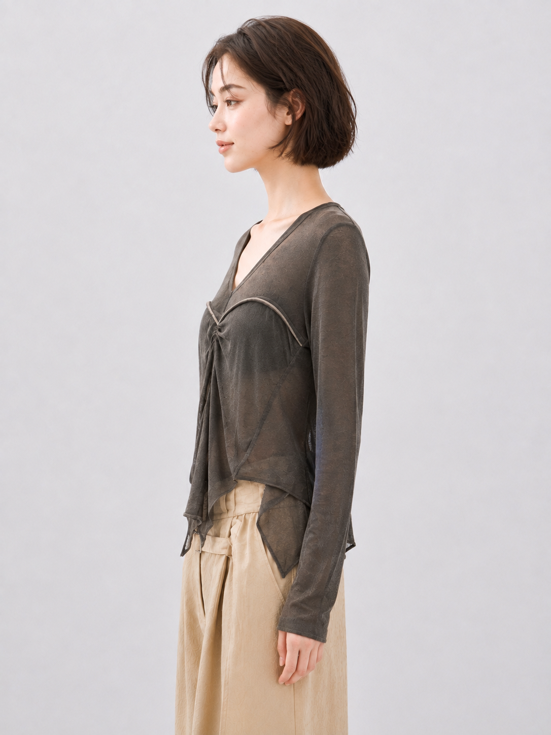 Women Twist Front Knit Top V Neck Long Sleeve Ruched Crop Sweater Slim Fit Washed Olive Grey Pullover Casual Layering Tee