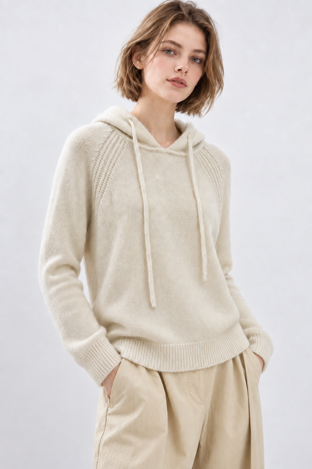 Women's Hooded Knit Sweater Long Sleeve Drawstring Pullover with Ribbed Raglan Detail Relaxed Fit Casual Jumper