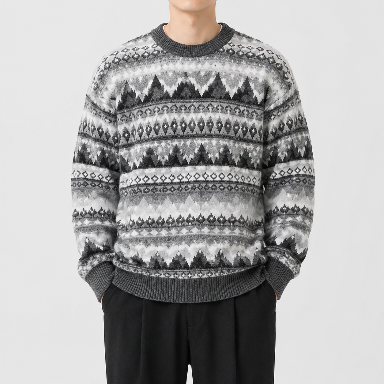 Custom Men's Jacquard Knit Sweater Nordic Pattern Pullover Crew Neck Winter Wool Knitwear OEM ODM Manufacturer