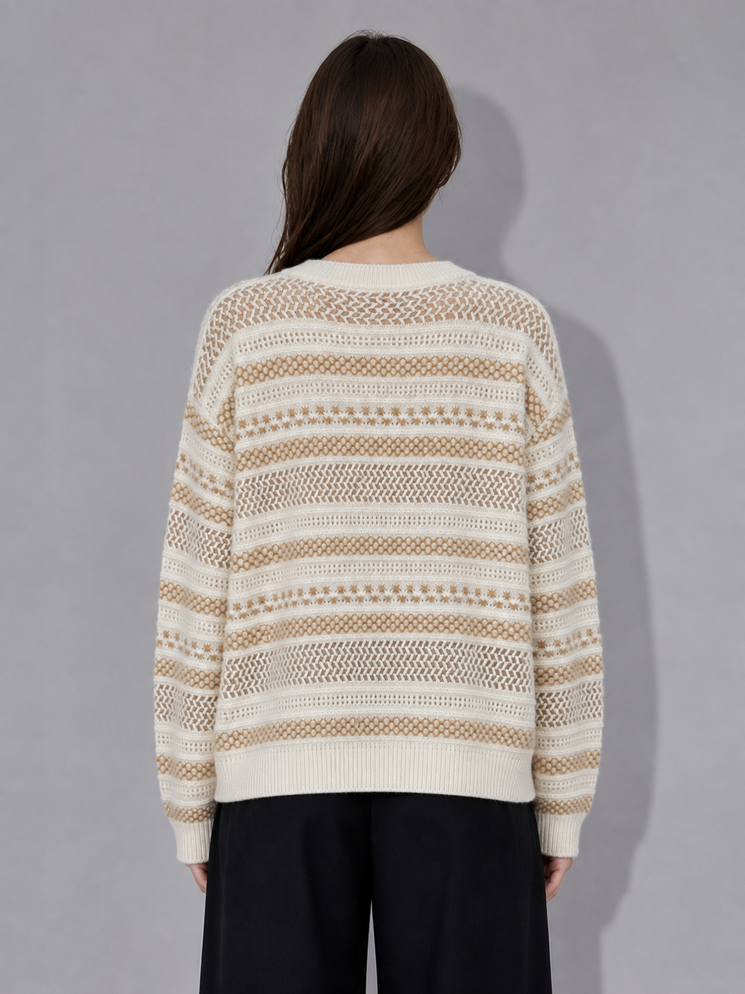 Women Hollow Out Knit Sweater Crochet Striped Pullover Ladies Crew Neck Oversized Beige Openwork Jumper Spring Knitwear