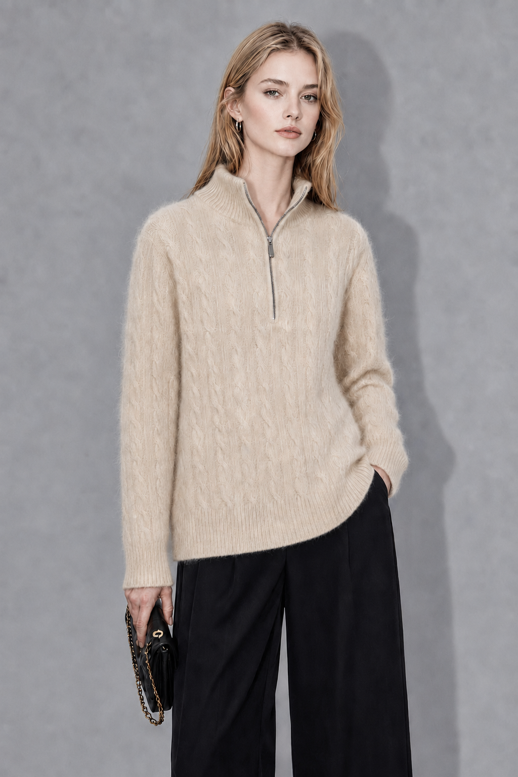Customized high-end 1/4 zipper design, anti-wrinkle, breathable and warm cable knitted women's cardigan, 100% cashmere sweater