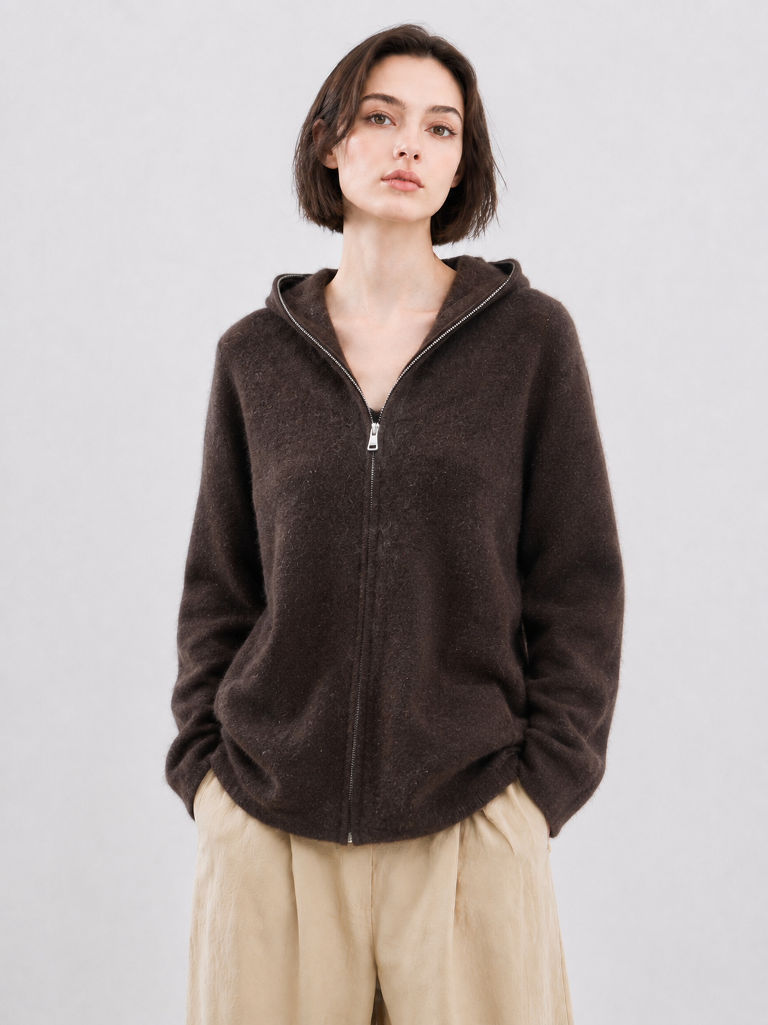 Brown Fuzzy Knit Zip Up Hoodie Women Oversized Brushed Hooded Cardigan Sweater Drop Shoulder Soft Knitwear for Autumn