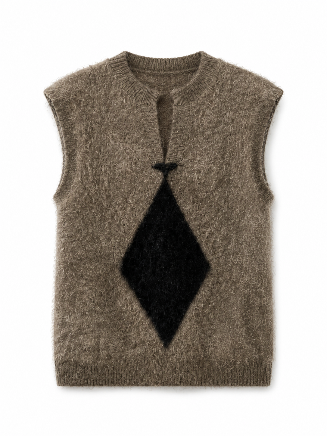 Women Fuzzy Knit Vest Sleeveless Mohair Sweater Argyle Diamond Intarsia Split Neck Khaki Knitted Tank Top for Autumn