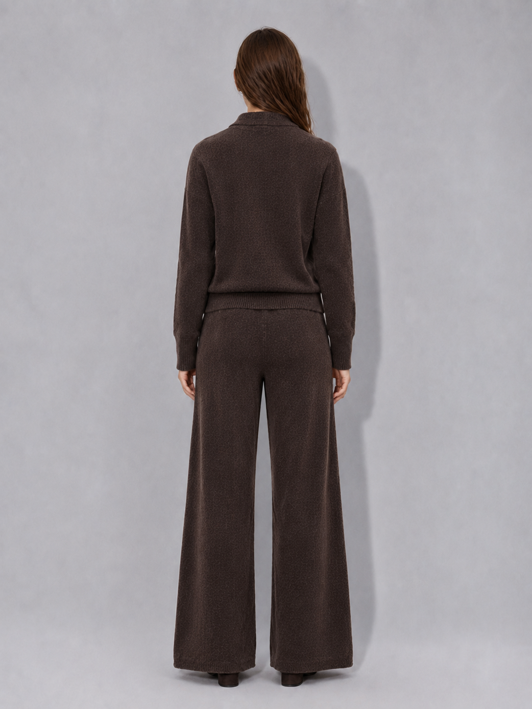 Womens Knit Polo Cardigan and Wide Leg Pants Set Button Down Collar Sweater Ladies Autumn Winter Two Piece Knitwear Suit