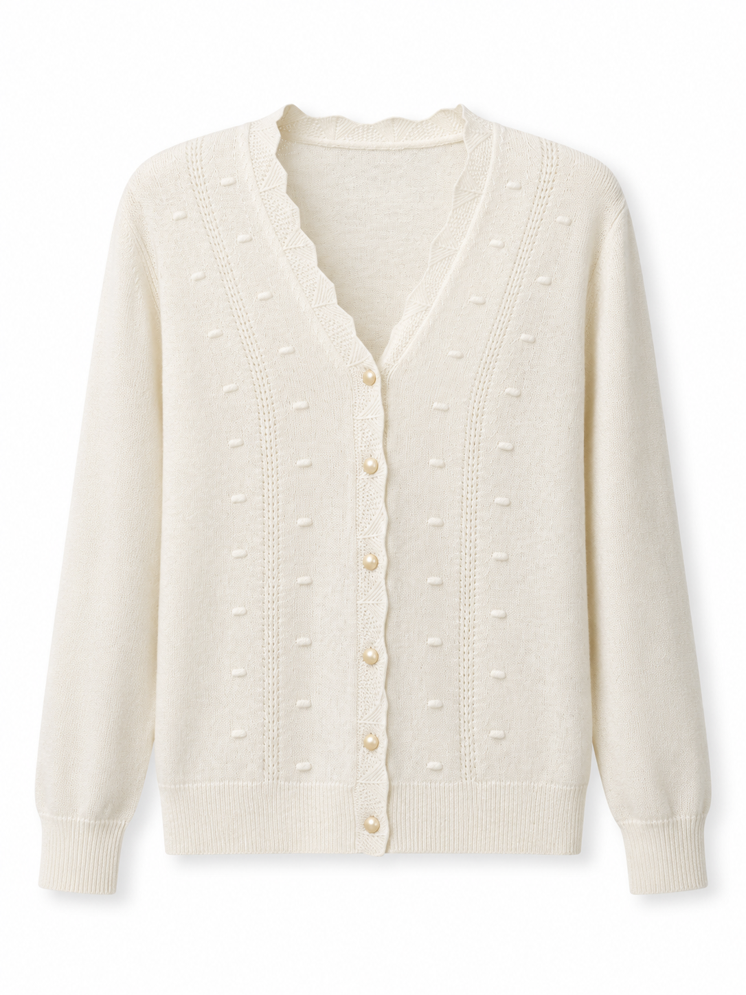 Knitted cardigan with wave-edge design, long-sleeved cream-colored sweater coat, factory direct price, women's top, fashionable and versatile