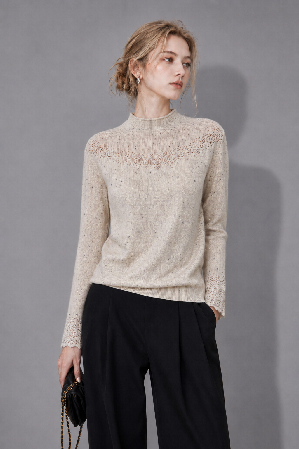 Best-selling Customized Cashmere and Wool Soft and Comfortable Openwork Women's Knitted Sweater