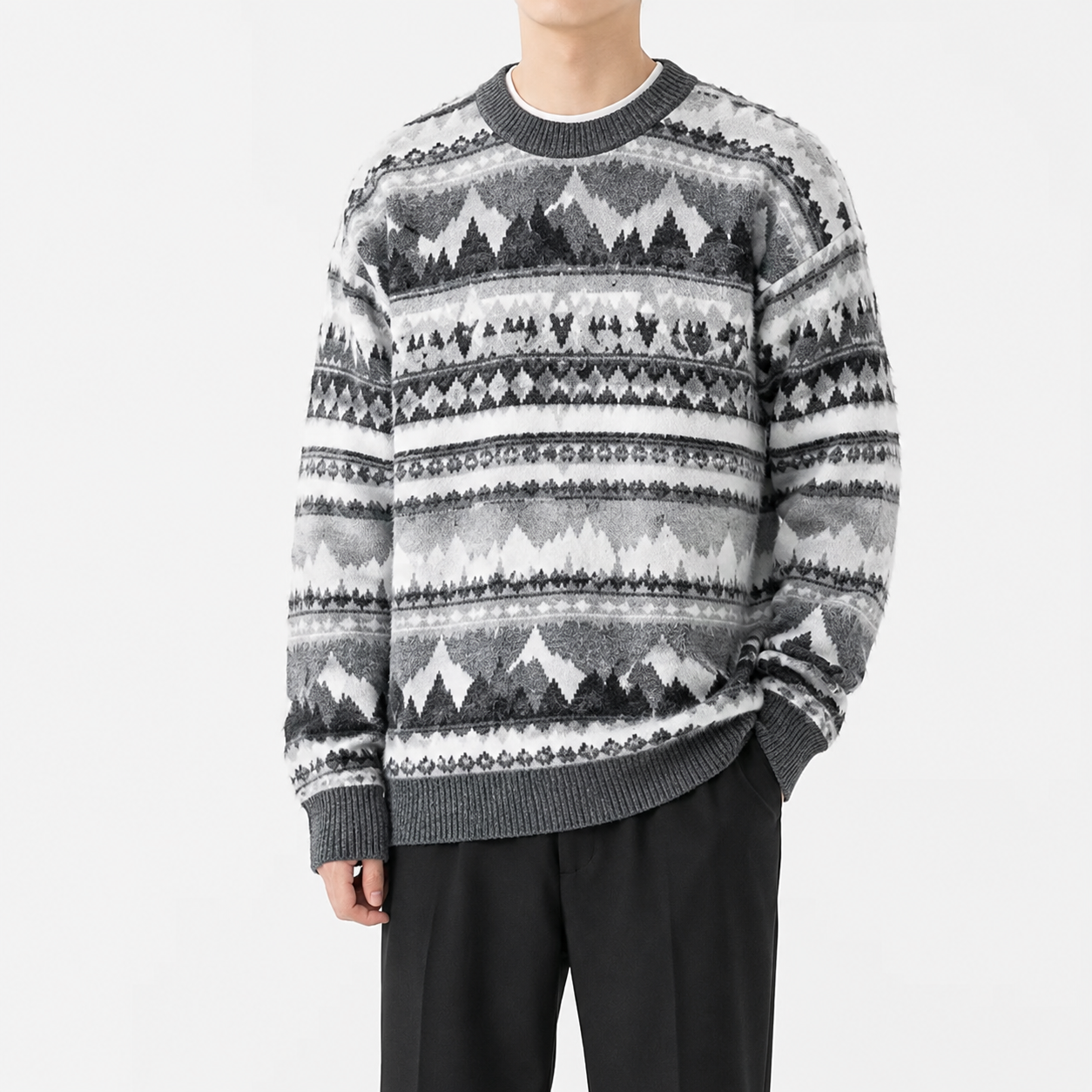 Custom Men's Jacquard Knit Sweater Nordic Pattern Pullover Crew Neck Winter Wool Knitwear OEM ODM Manufacturer