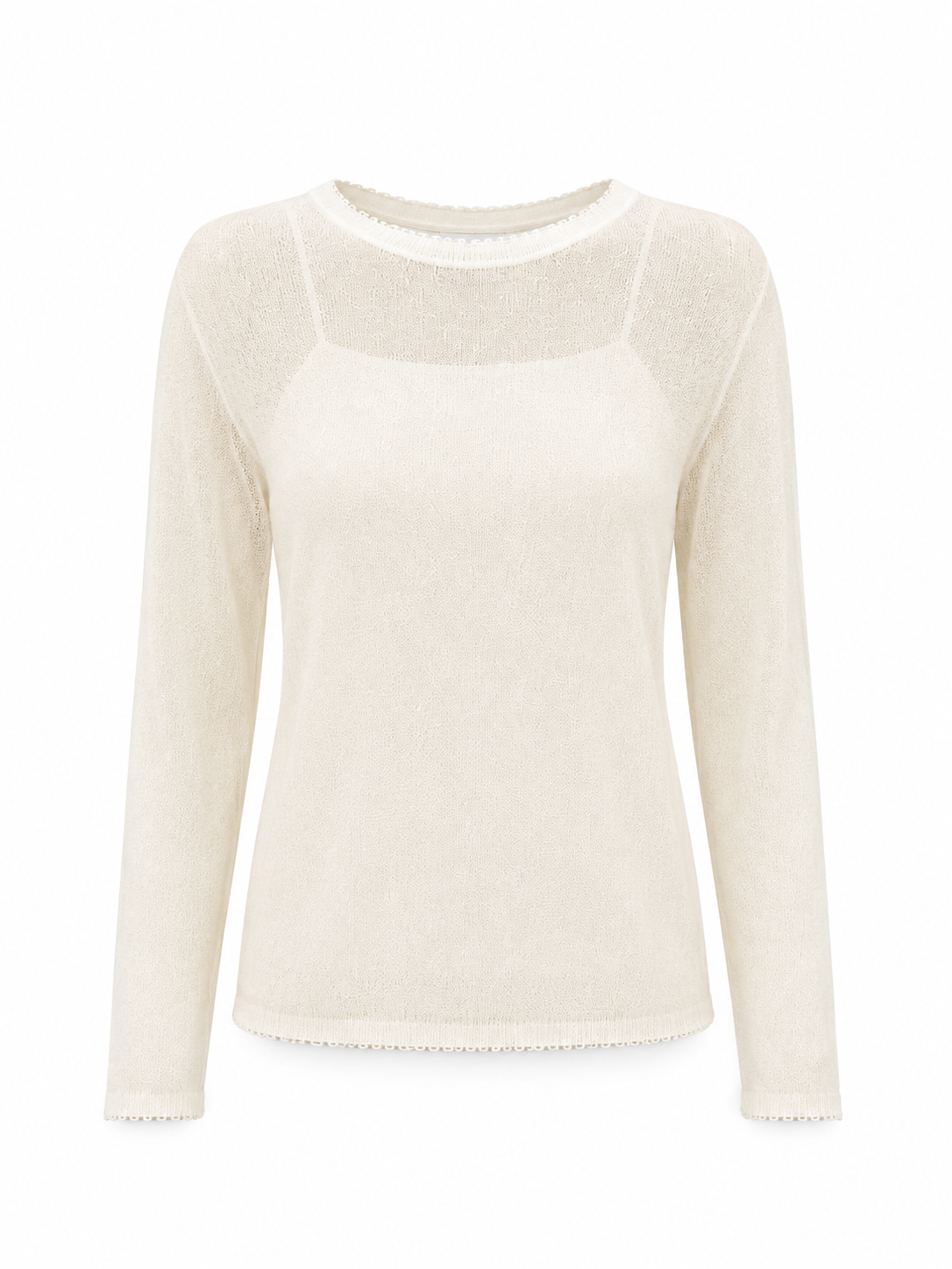 Women Pointelle Lace Knit Top Long Sleeve Sheer Crochet Pullover Round Neck Lightweight Openwork Sweater Ivory Layering Top