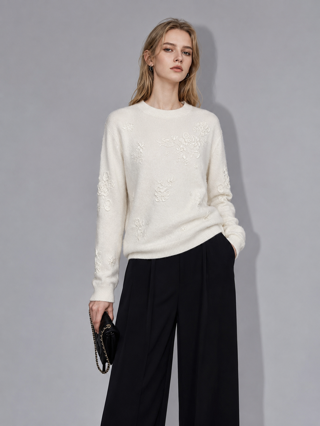 Cashmere Manufacturer Direct Women's Knit Sweater Embroidery Flower Pattern Vintage Style Cashmere Wool Pullover for Women