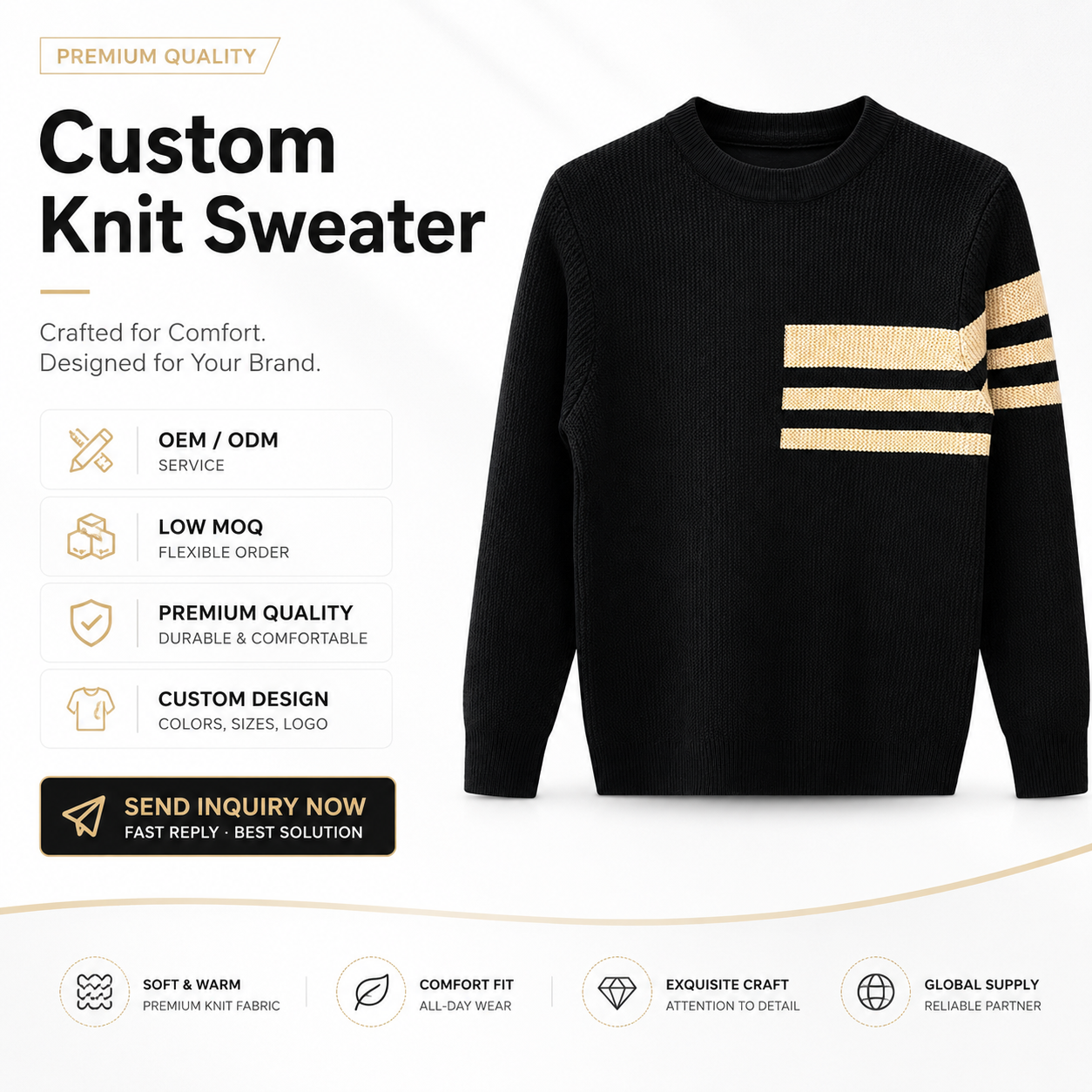 Men's New Arrival Autumn Casual Crew Neck Long Sleeve Custom Fit Patchwork Knitted Front Logo 100% Cotton Sweater