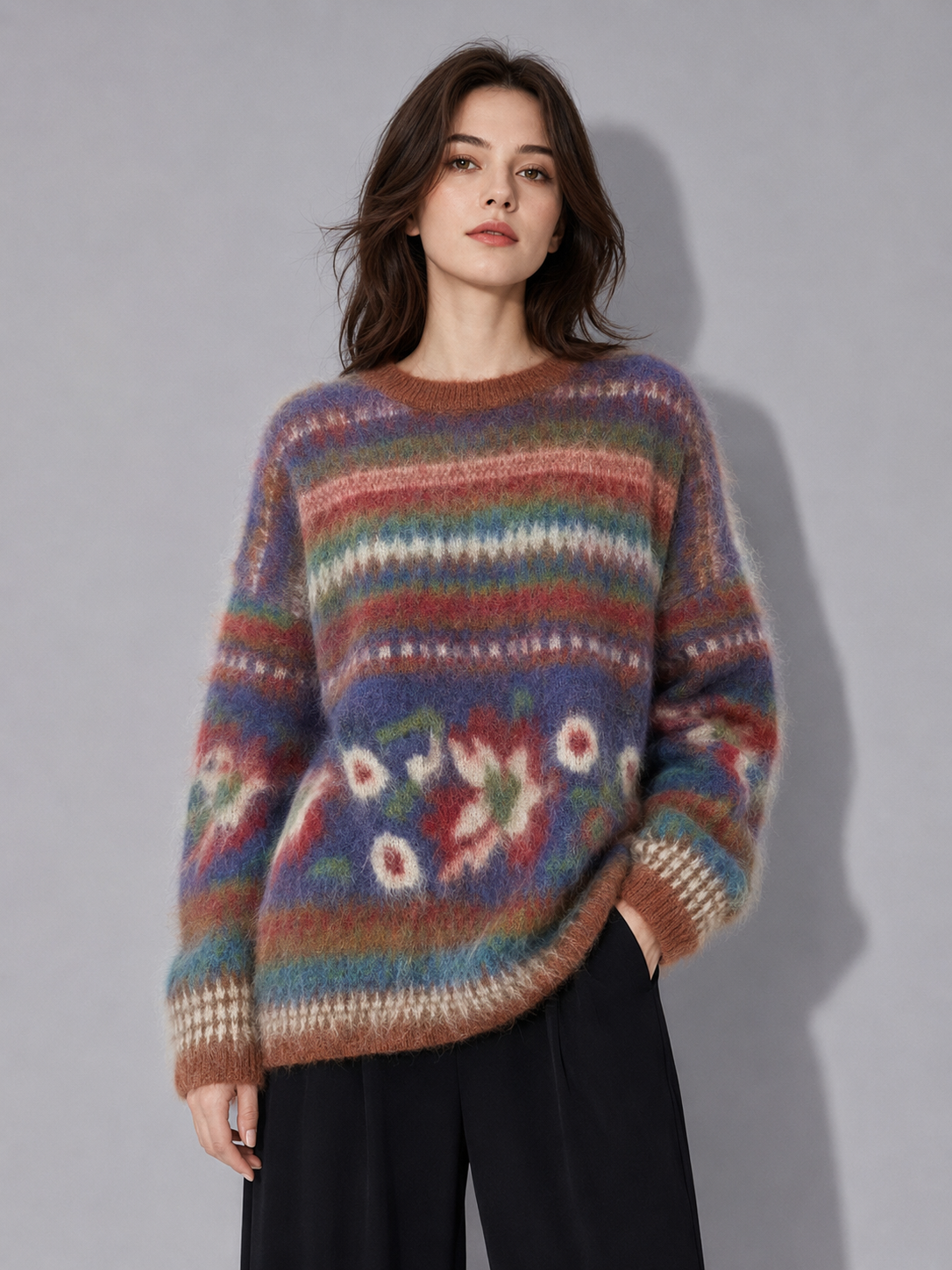 Fall/Winter New Vintage Pure Wool Flowers Crew Neck Sweater Full Sleeve Women's Brushed Jacquard Pullover Top