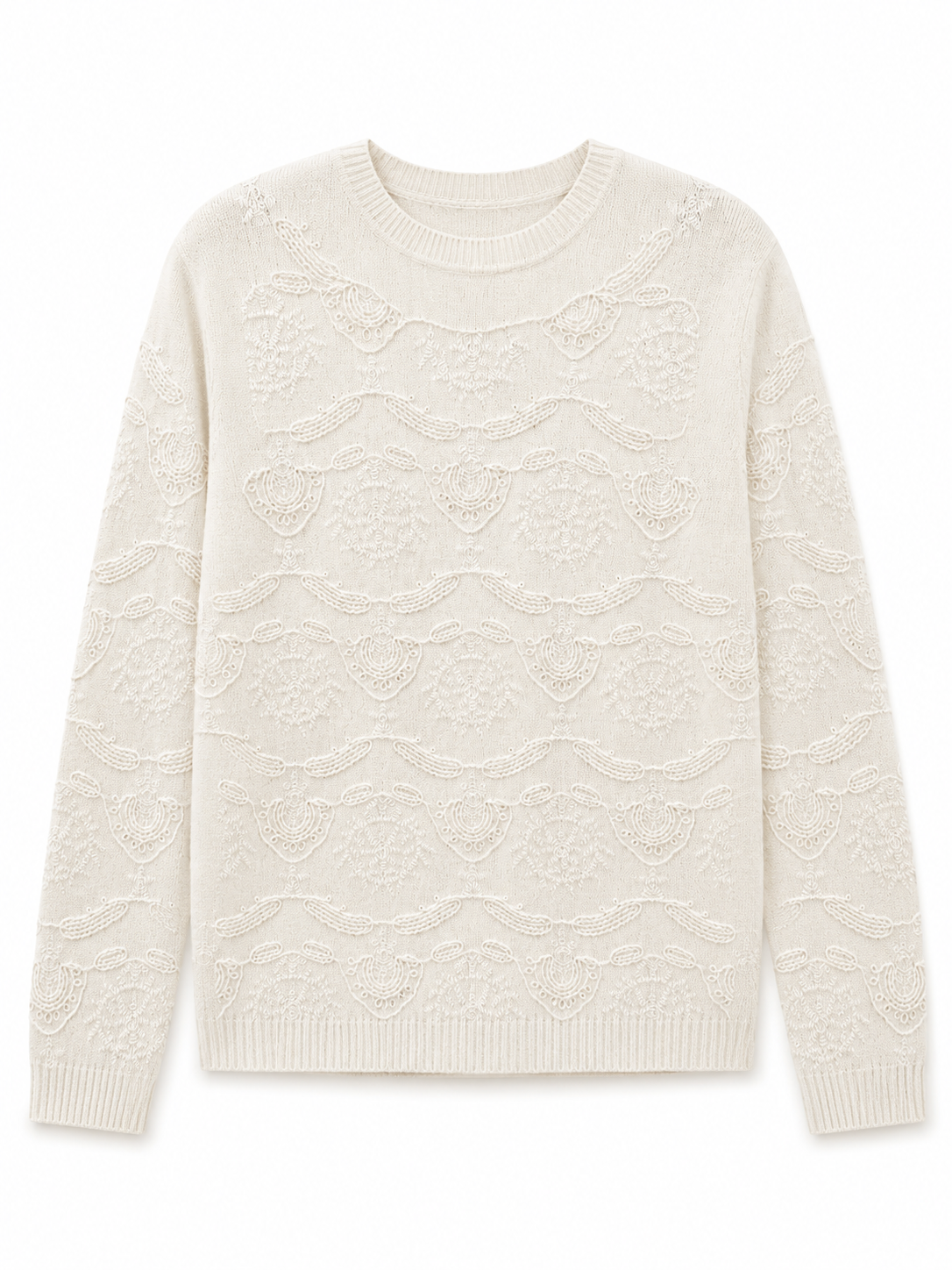 Womens Textured Wave Pointelle Knit Sweater Crew Neck Pullover Ivory Loose Fit Ladies Jumper Autumn Winter Knitwear