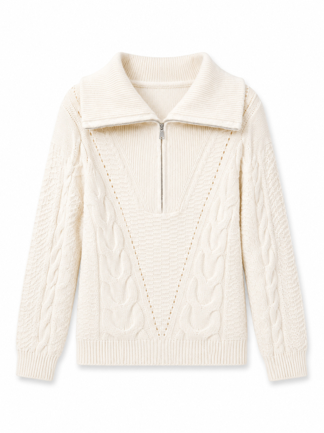 Women Half Zip Cable Knit Sweater Oversized Lapel Collar Pullover Drop Shoulder Chunky Twist Jumper Ivory Casual Knitwear
