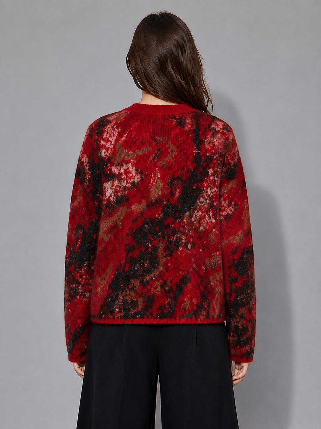 Women's plush floral print knitted sweater, round neck, large size, wide hemline, casual style, ribbed cuffs, anti-snag fabric