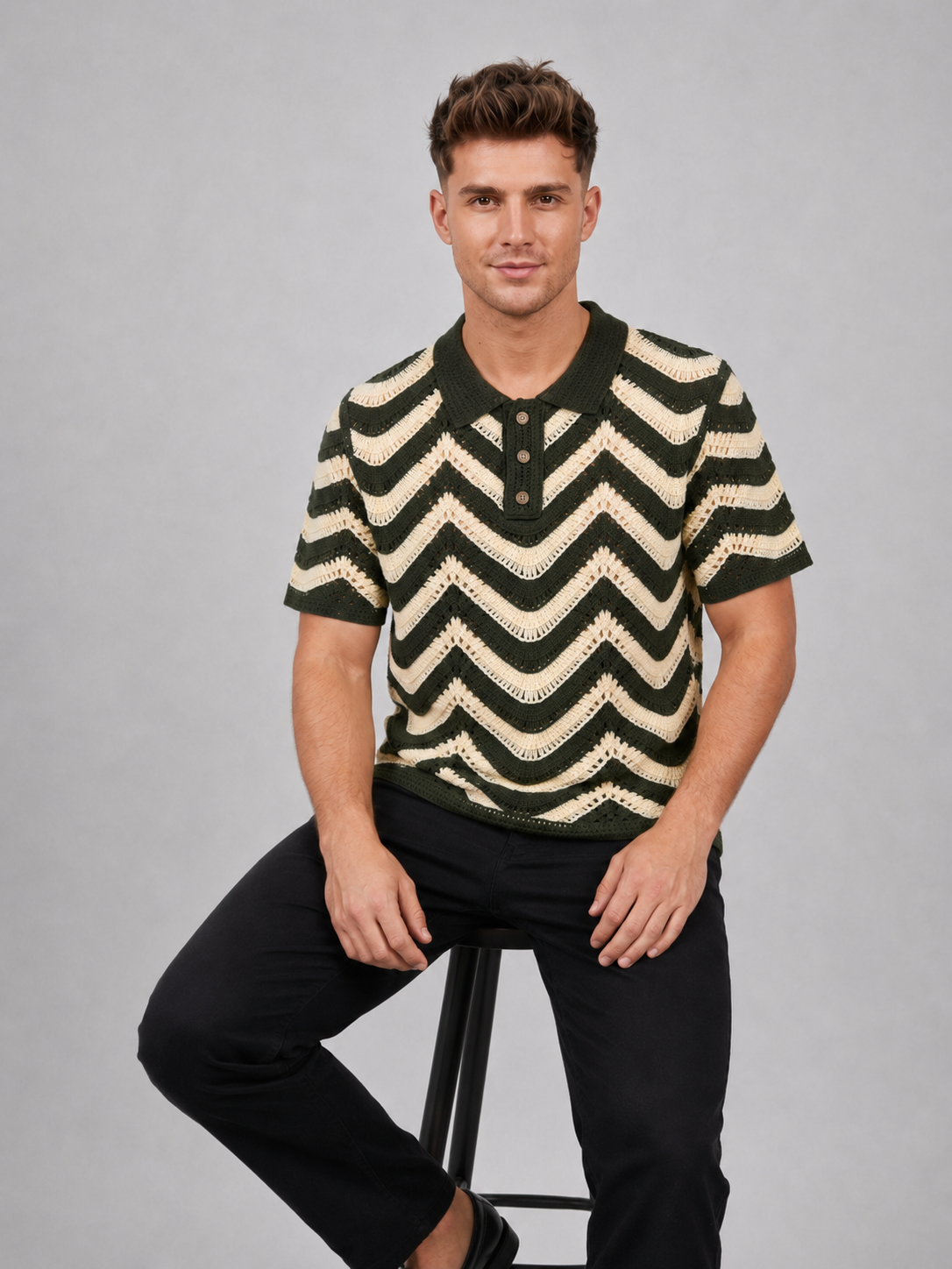 Vintage Crochet Jacquard Knit Polo Cardigan Shirt for Men
