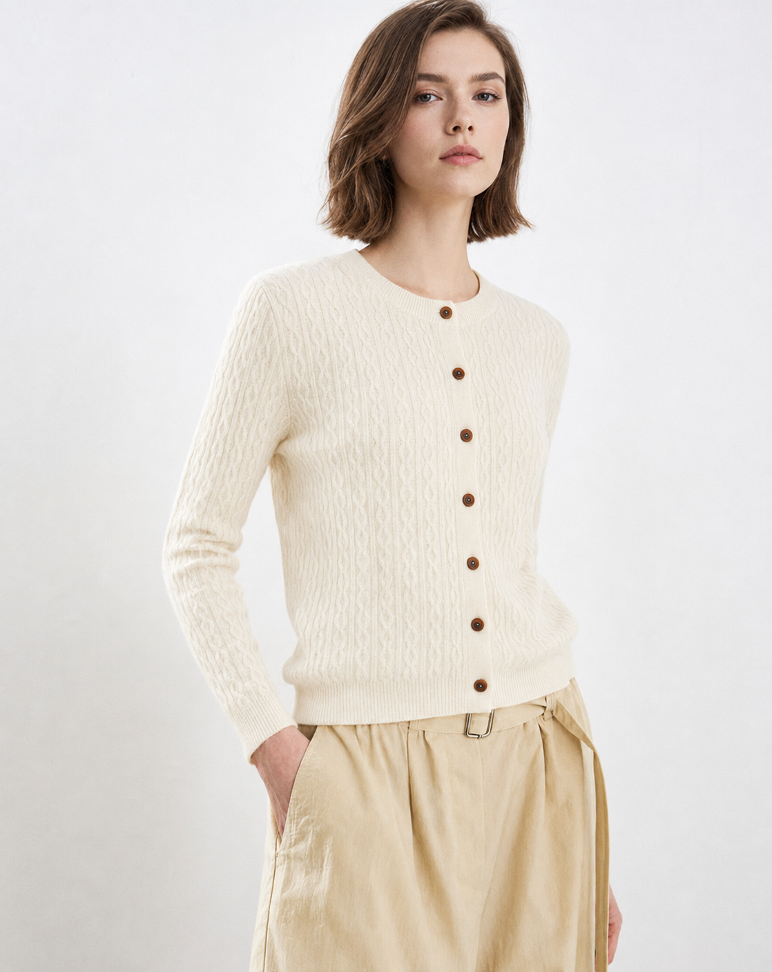 High-quality single-breasted solid-color O-neck sweater 100% cashmere knitted women's cardigan