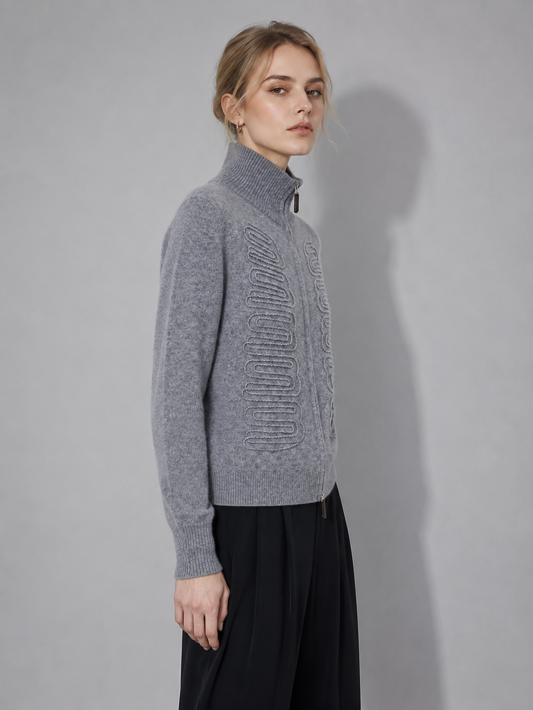 Customized women's motorcycle-style floral autumn stand-up collar full-zip knitted cashmere cardigan pullover customized logo breathable