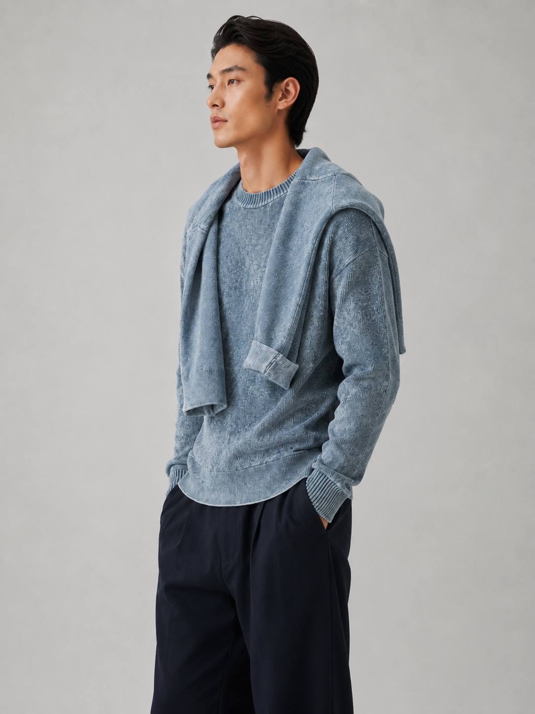 Men's Premium Blue Knit Sweater Oversized Fit Casual Luxury Pullover with Scarf Detail Soft Blend Winter Jumper