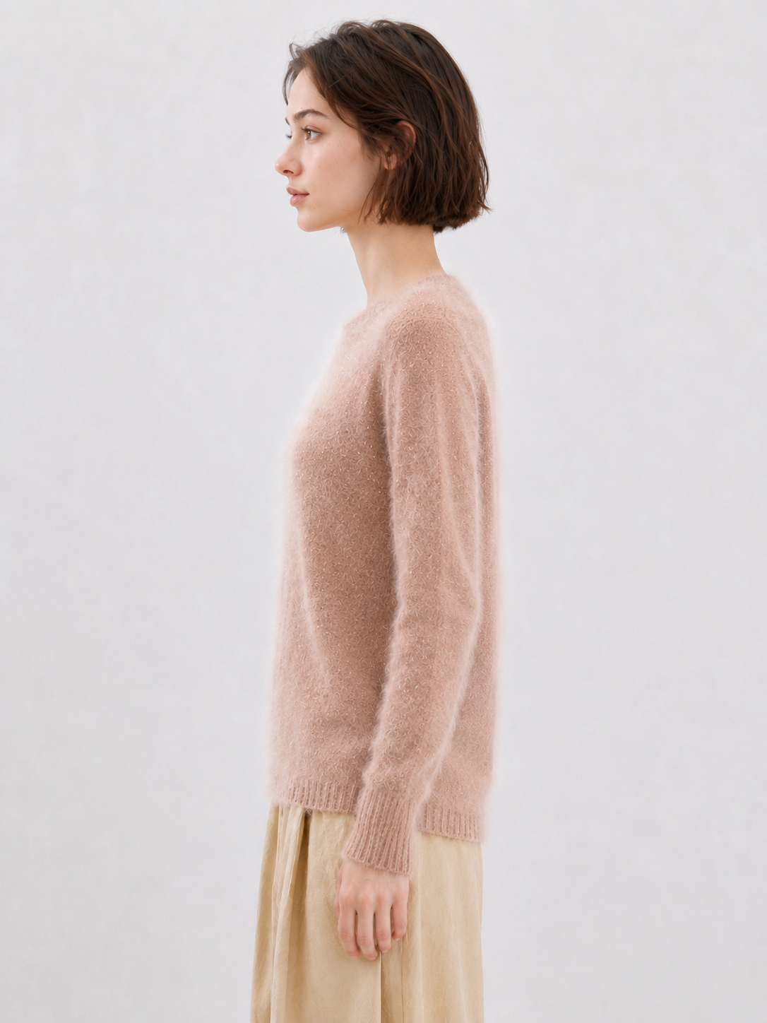 Women Wool Sweater Crew Neck Fuzzy Knit Pullover Sequin Glitter Jumper Pink Soft Knitwear for Autumn Winter Party