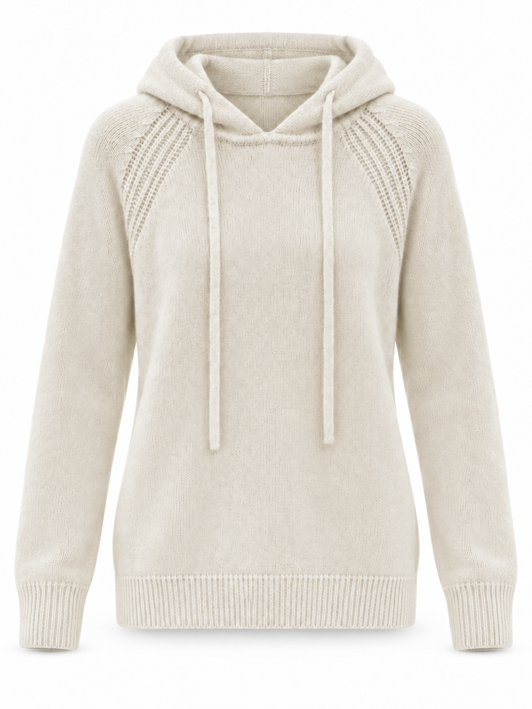 Women's Hooded Knit Sweater Long Sleeve Drawstring Pullover with Ribbed Raglan Detail Relaxed Fit Casual Jumper