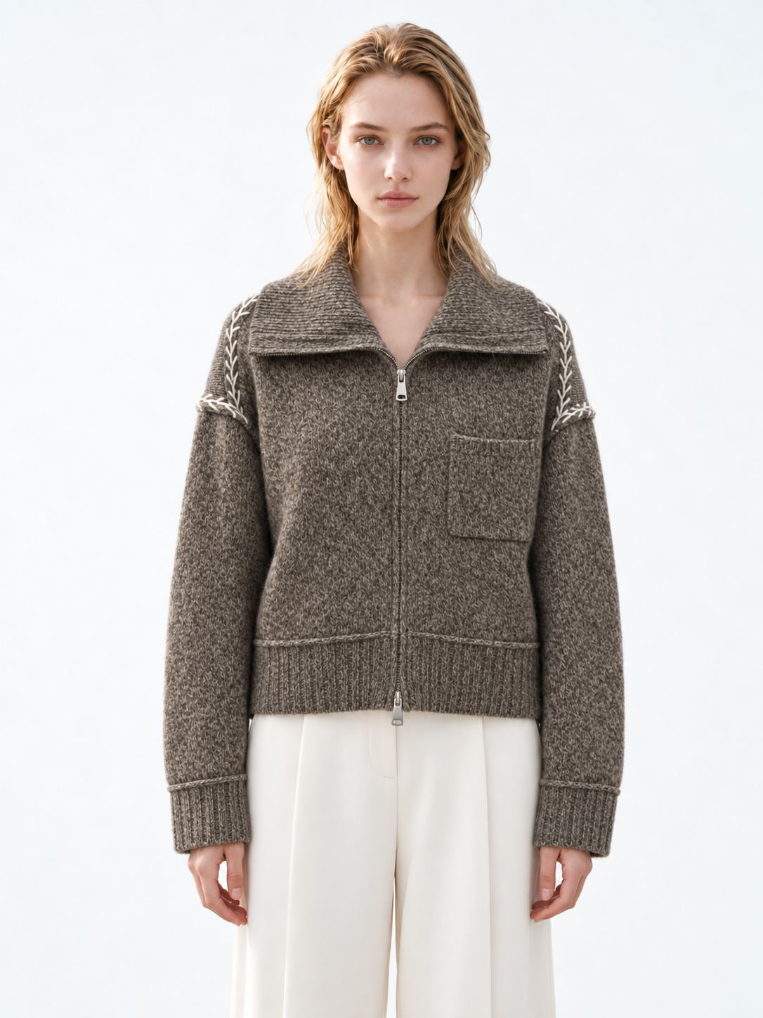 Women's Oversized Zip Up Knit Cardigan with Turn Down Collar Chest Pocket Long Sleeve Quiet Luxury Sweater Jacket