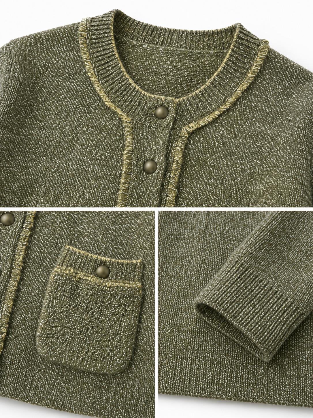Luxury Wool Cardigan Sweater – Olive Green Minimalist Knit Jacket with Vintage Button Detail	