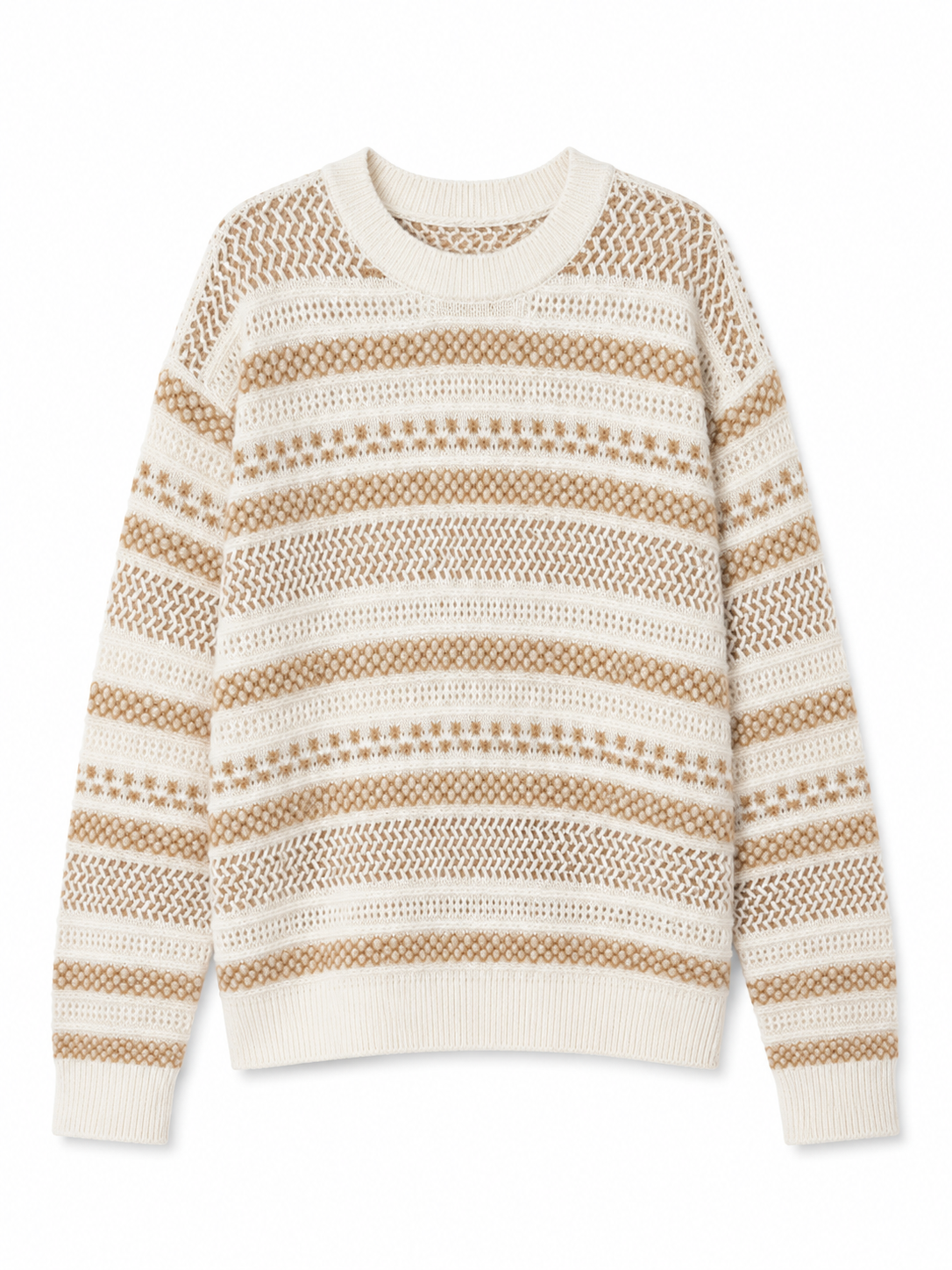 Women Hollow Out Knit Sweater Crochet Striped Pullover Ladies Crew Neck Oversized Beige Openwork Jumper Spring Knitwear