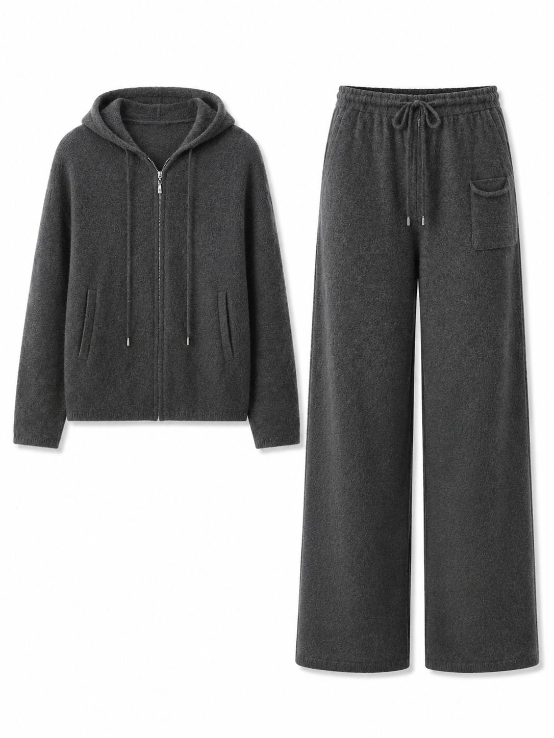 Women Knit Two Piece Set Zip Up Hoodie Cardigan and Drawstring Wide Leg Pants Grey Tracksuit Lounge Outfit Suit
