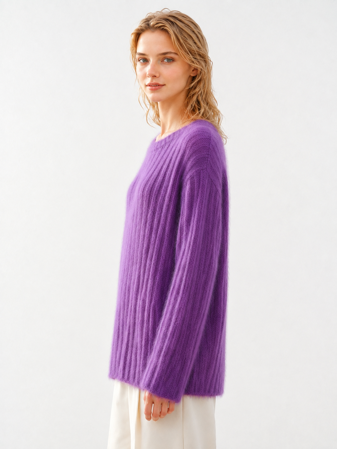 Women Sweater Purple Ribbed Knit Pullover Ladies Crew Neck Fluffy Oversized Jumper Autumn Winter Knitwear