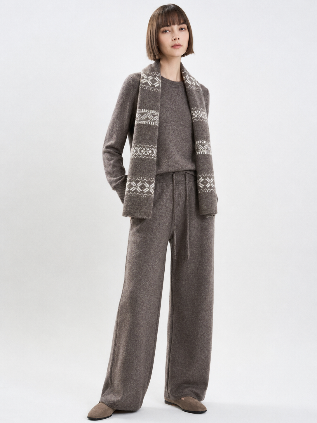Womens Knit Sweater and Wide Leg Pants Set Long Sleeve Round Neck Pullover Ladies Autumn Winter Two Piece Knitwear Suit