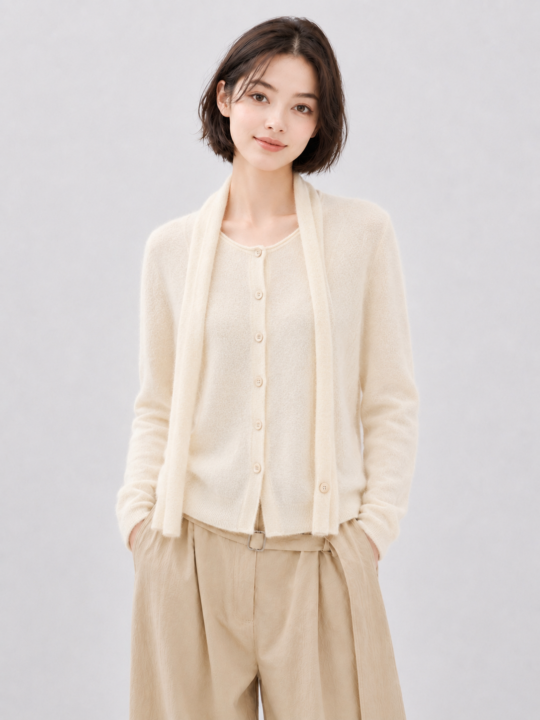 Women Knit Cardigan with Scarf Set Button Up Sweater Long Sleeve Soft Fuzzy Knit Cream Layered Shawl Collar Knitwear Top