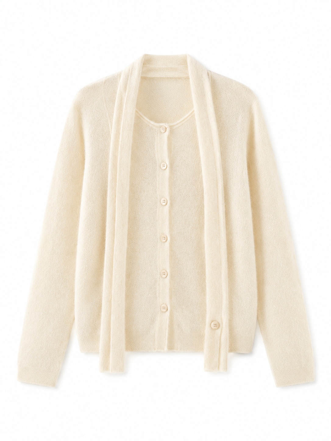 Women Knit Cardigan with Scarf Set Button Up Sweater Long Sleeve Soft Fuzzy Knit Cream Layered Shawl Collar Knitwear Top