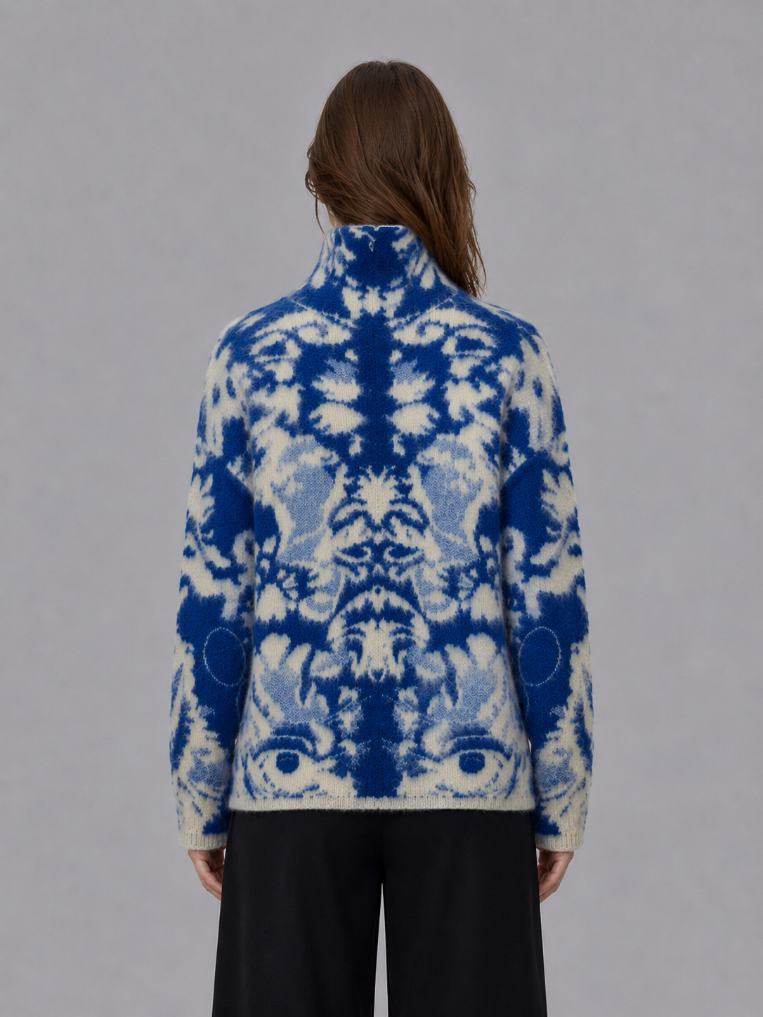 Women’s Artistic Blue & Ivory Jacquard Zip-Up Sweater Soft Brushed High-Neck Cardigan