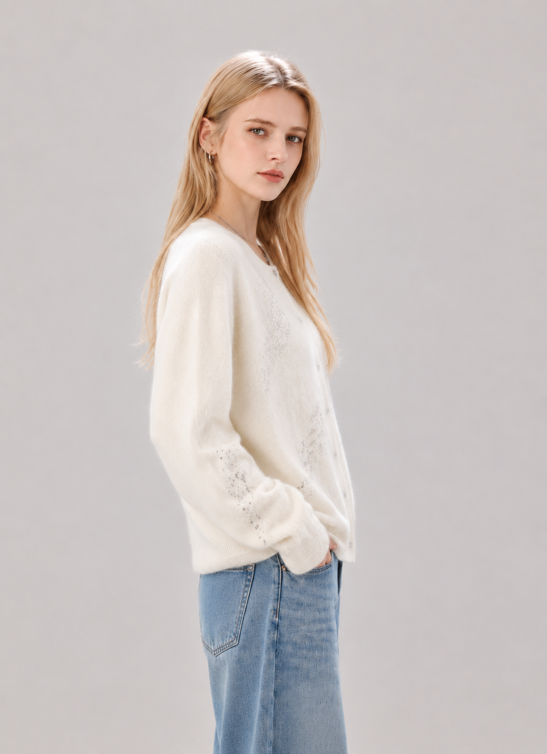 High-end cashmere cardigan with rhinestones, loose and oversized, casual women's sweater