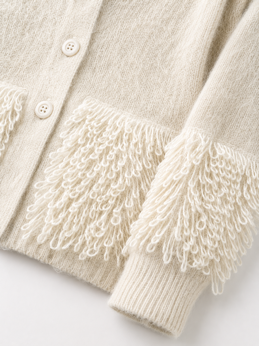 Women Wool Knit Cardigan V Neck Button Up Fuzzy Sweater Loop Fringe Pocket Cream Soft Knitwear for Autumn Winter