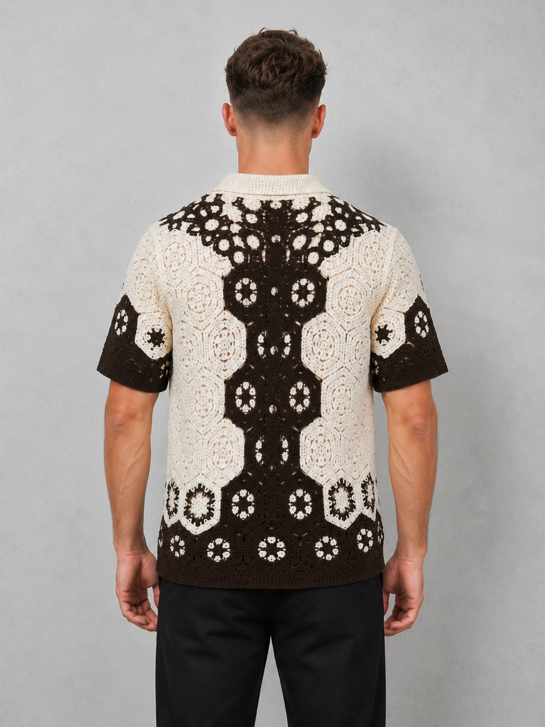 Men's Hollow Out Crochet Knit Polo Shirt Floral Embroidery Cardigan Shirts