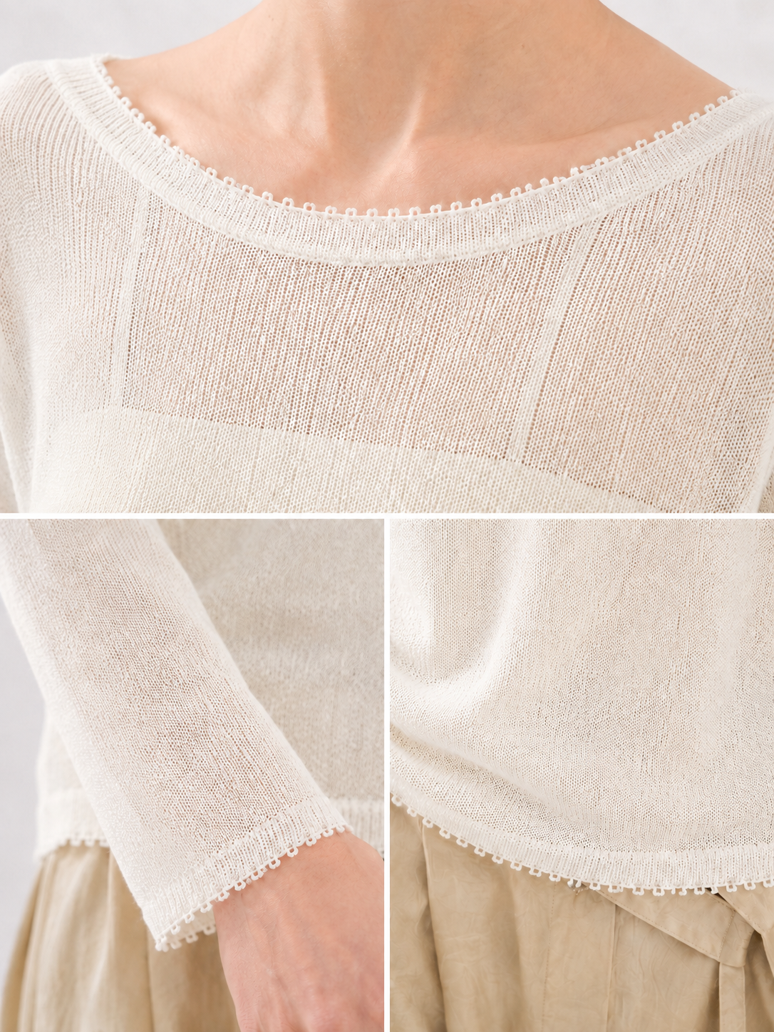 Women Pointelle Lace Knit Top Long Sleeve Sheer Crochet Pullover Round Neck Lightweight Openwork Sweater Ivory Layering Top