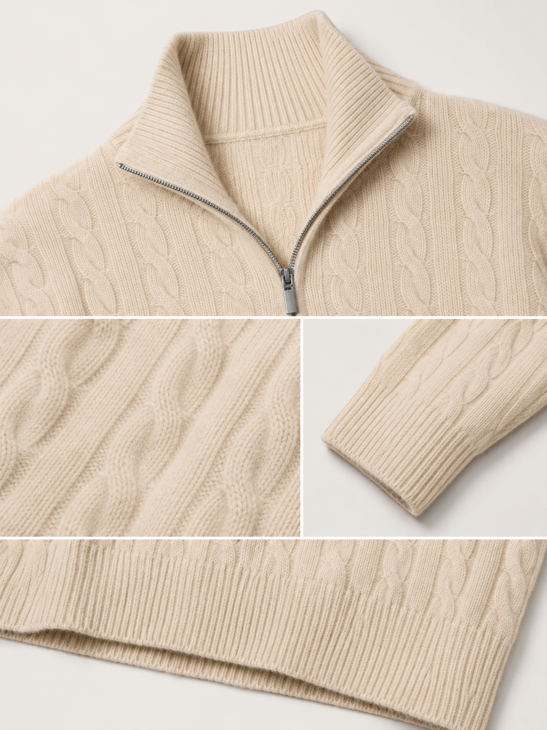 Customized high-end 1/4 zipper design, anti-wrinkle, breathable and warm cable knitted women's cardigan, 100% cashmere sweater