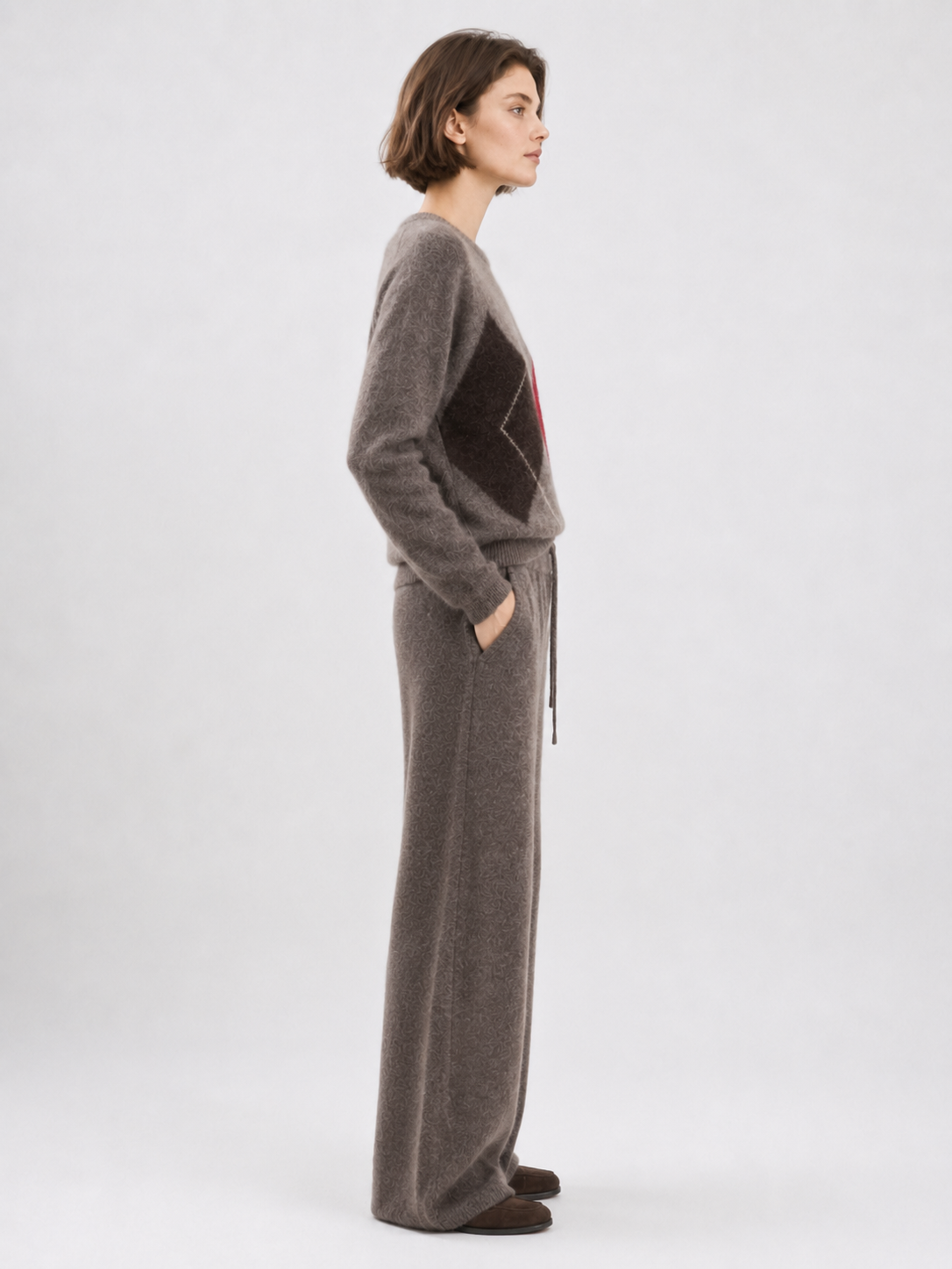 Womens Argyle Knit Sweater and Wide Leg Pants Set Round Neck Jacquard Pullover Ladies Autumn Winter Two Piece Knitwear