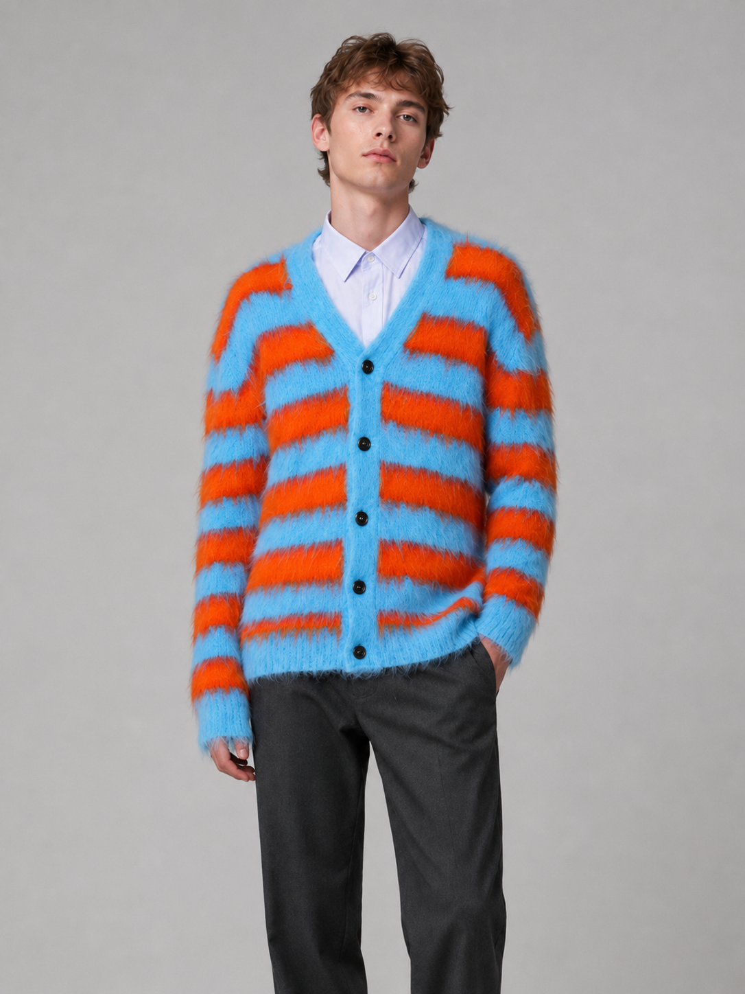 Mohair Sweater Cardigan Furry Knitted Winter Custom Brushed V-neck Long Sleeve Soft Comfortable Design Mohair Sweater for Men