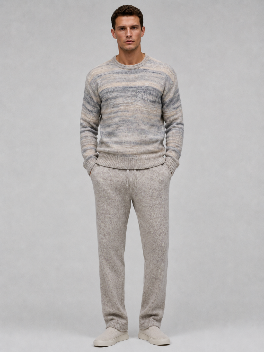 Custom LOGO Men Long Sleeve Crew Neck Pullover Stripe Knitwear Winter Fuzzy Casual Jumper Mohair Knitted Sweater