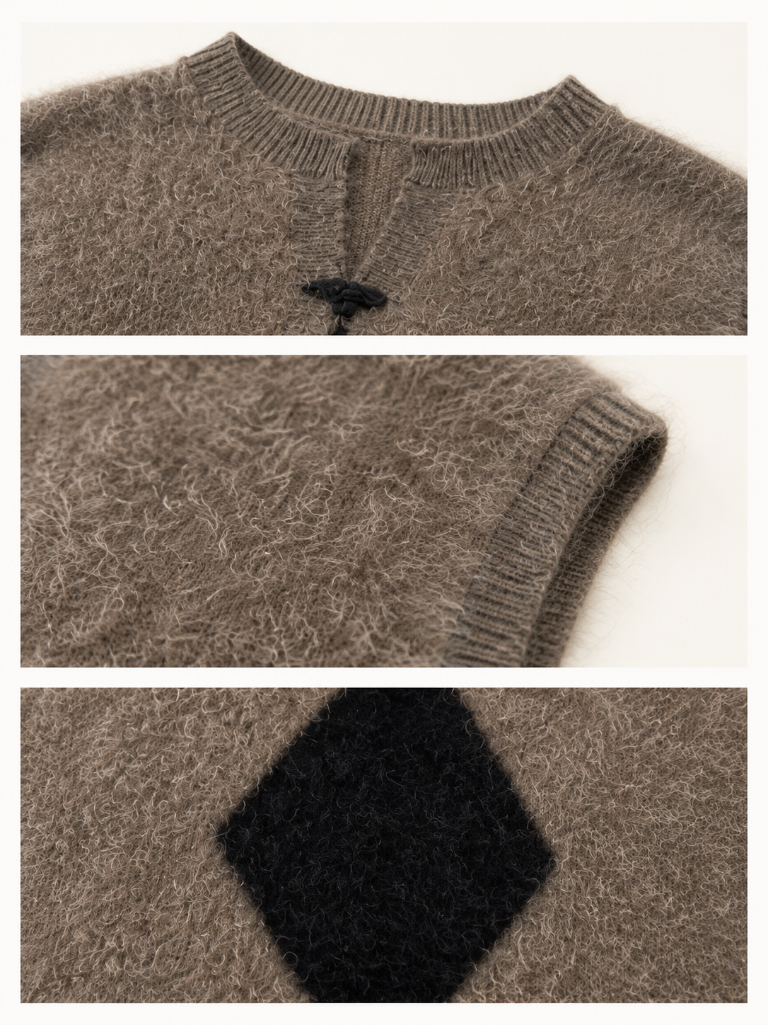 Women Fuzzy Knit Vest Sleeveless Mohair Sweater Argyle Diamond Intarsia Split Neck Khaki Knitted Tank Top for Autumn