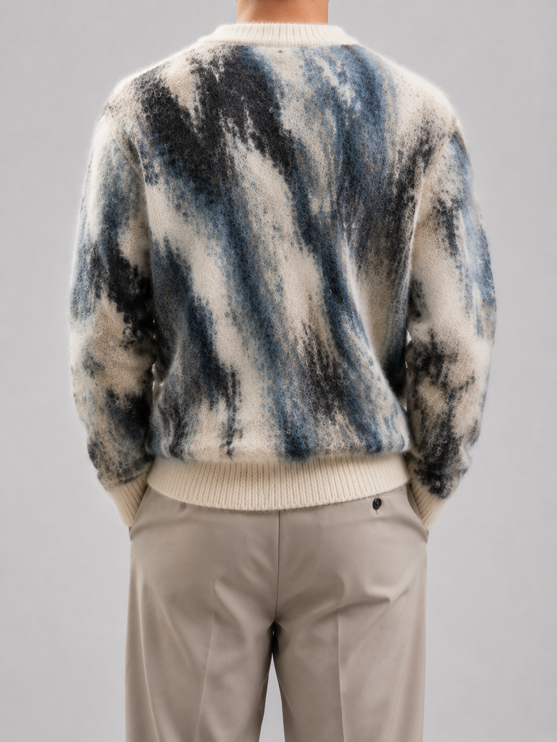 Customized Winter Fluffy Knit Sweater Long Jacquard Sleeve Leopard Men's V Neck Mohair Sweater