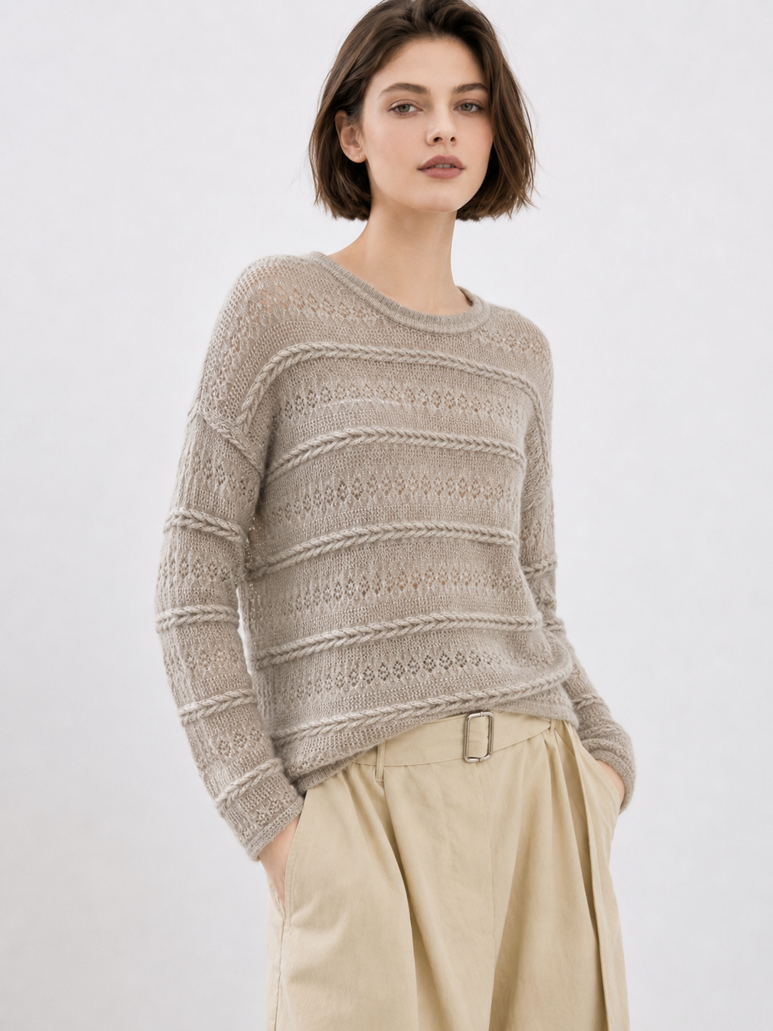 Quiet Luxury Pointelle Knit Sweater Women Oatmeal Hollow Out Striped Mohair Blend Crew Neck Loose Fit Pullover Jumper