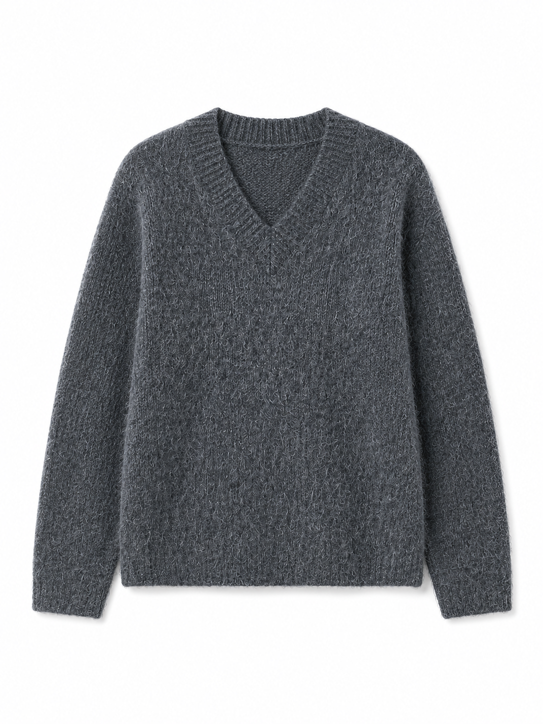 Women Fluffy Knit Sweater V Neck Wool Blend Pullover Ladies Heather Grey Jumper Cozy Warm Autumn Winter Knit Top