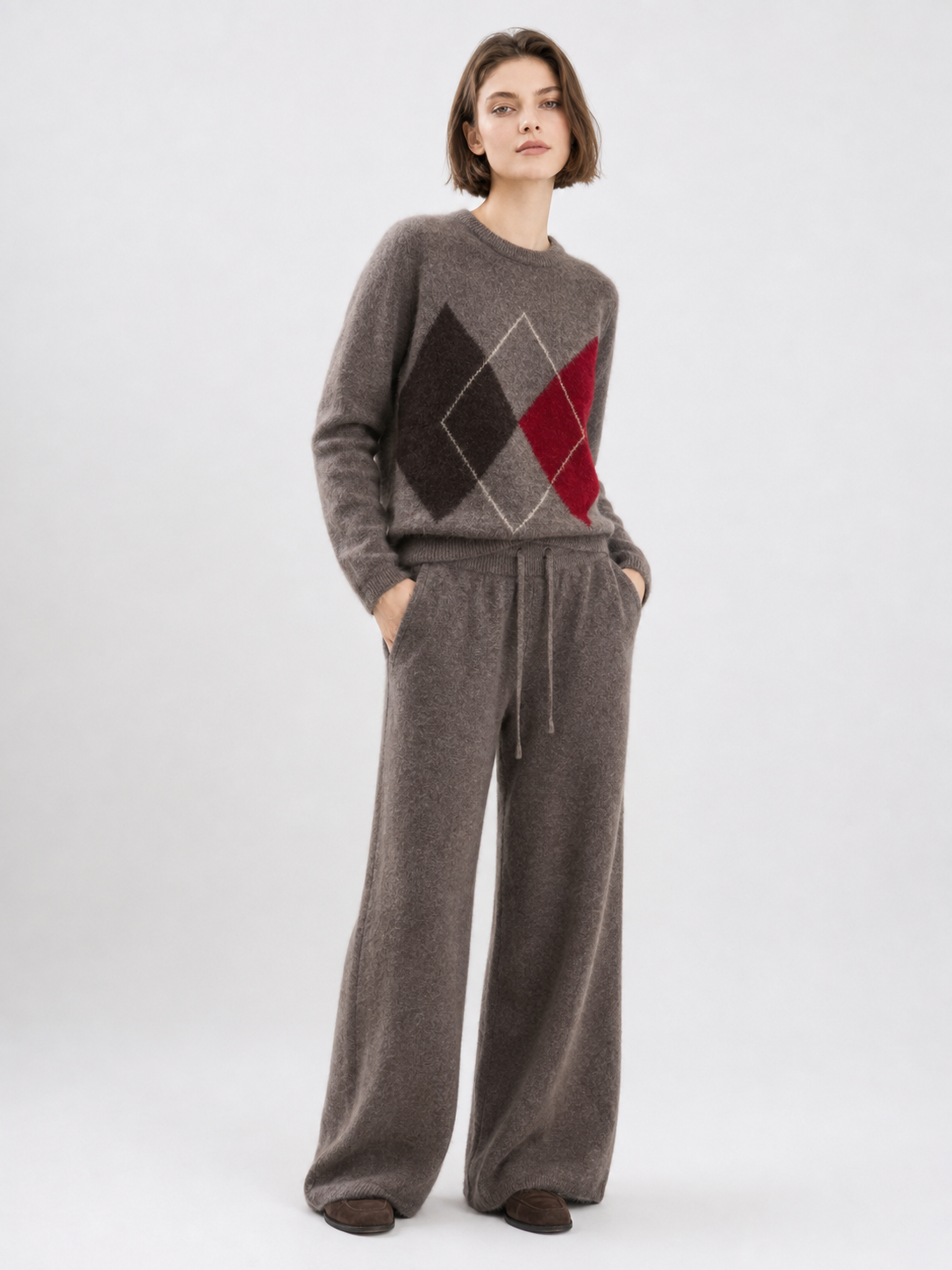 Womens Argyle Knit Sweater and Wide Leg Pants Set Round Neck Jacquard Pullover Ladies Autumn Winter Two Piece Knitwear